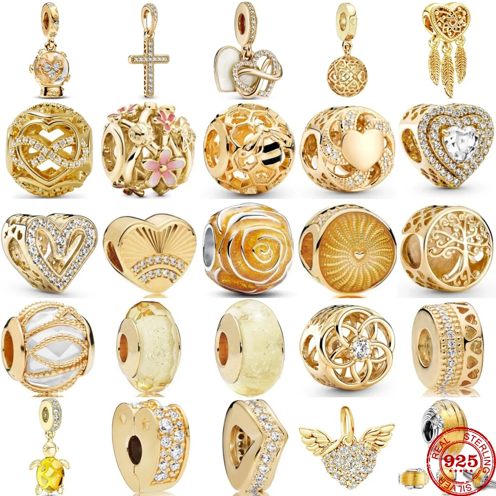 

925 Sterling Silver Golden Shiny Zircon Charm Family Tree Angel Hollow Beads Fit Original Pandore Charm Bracelets Women Jewelry