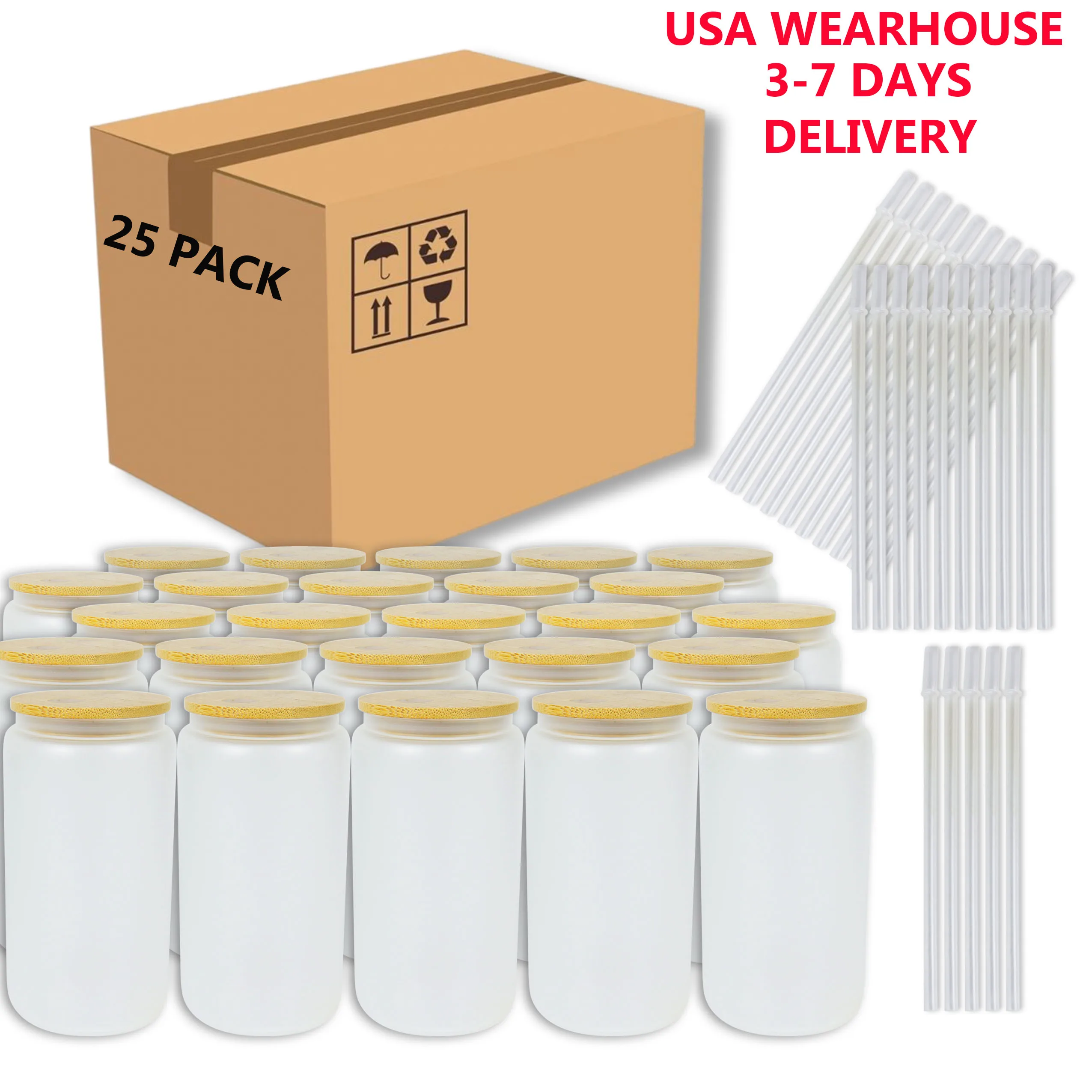 25 PACK Sublimation Glass Blanks With Bamboo Lid,16 OZ Frosted Glass Cups With Lids And Straws,Sublimation Glass Can,Sublimation