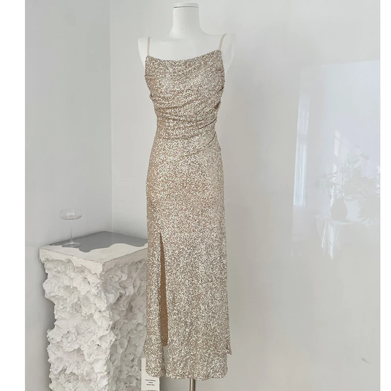 

Sexy Spaghetti Strap Dress Women Sleeveless Flods Split Dress Female Sequins Midi Dress Zip-up Backless Champagne Dresses