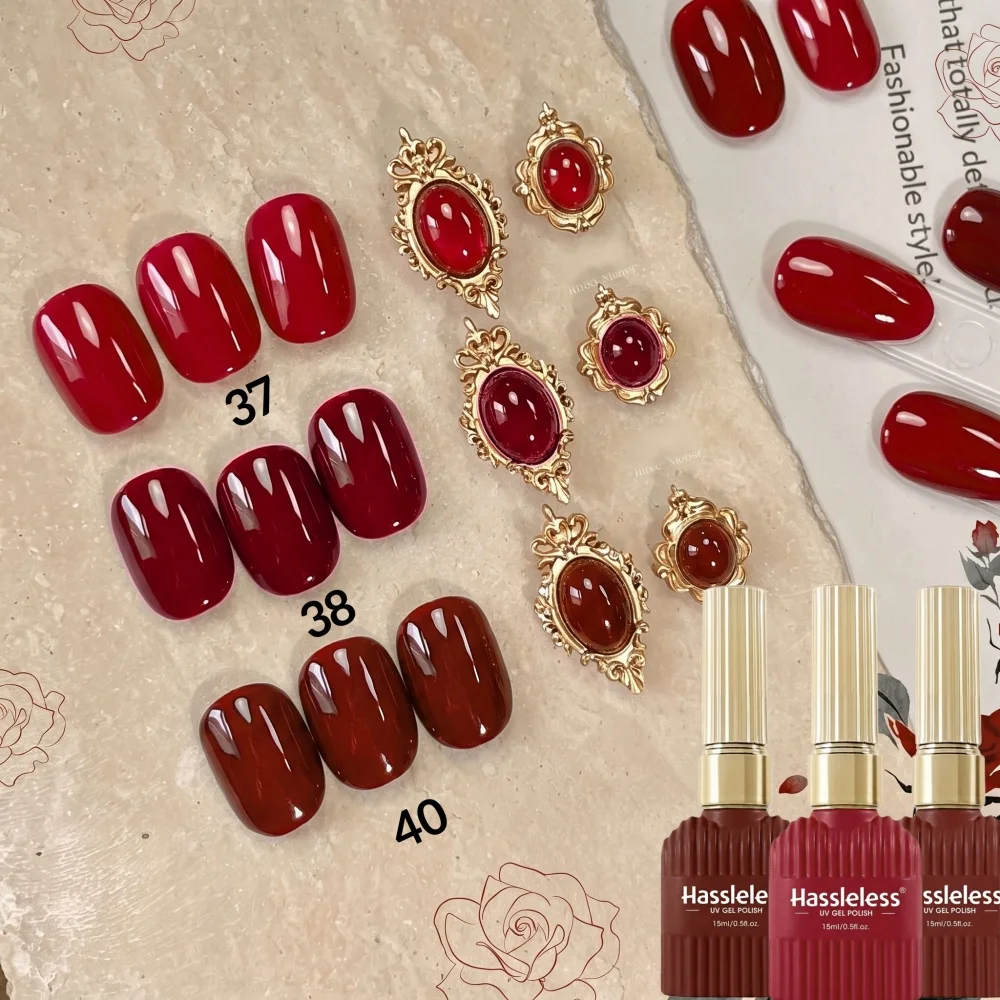 Hassleless 3-Piece Retro Wine Red Solid Color Nail Polish Gel Set, Deep Retro Red Nail Polish Gel Set, Multi-Color Wine Red Nail Polish Gel, Rich and Shiny Color, Popular Nail Color Combinations for Autumn and Winter