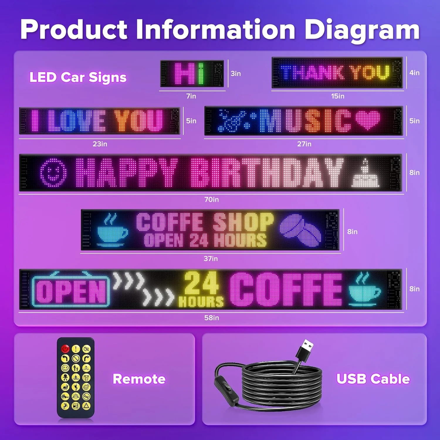 Cartello LED a scorrimento programmabile con display per auto a LED RGB con controllo app Bluetooth, schermo flessibile impermeabile