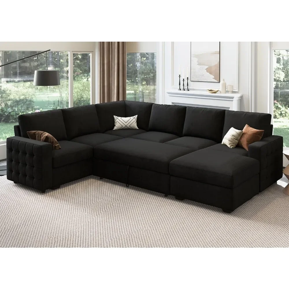 

Sectional Sleeper Sofa Pull Out Bed with Storage Chaise, Velvet Sleeper Sectional Couch Pull-Out Bed U Shaped Sectional Couch