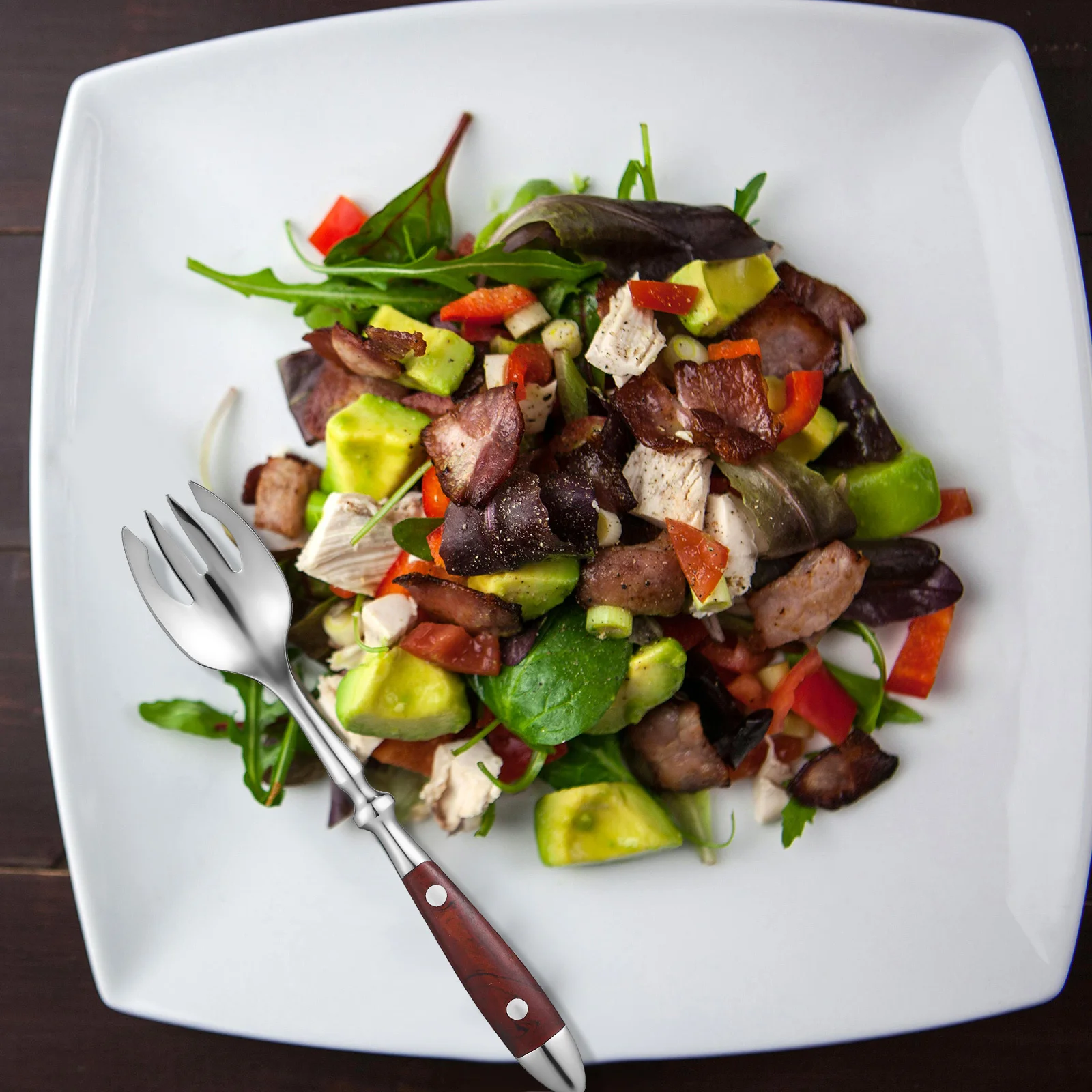 

4pcs Wooden Handle Cutlery Stainless Steel Sporks Reusable Long Handle For Salad Fruit Rice Dessert Kitchen Utensils Tableware