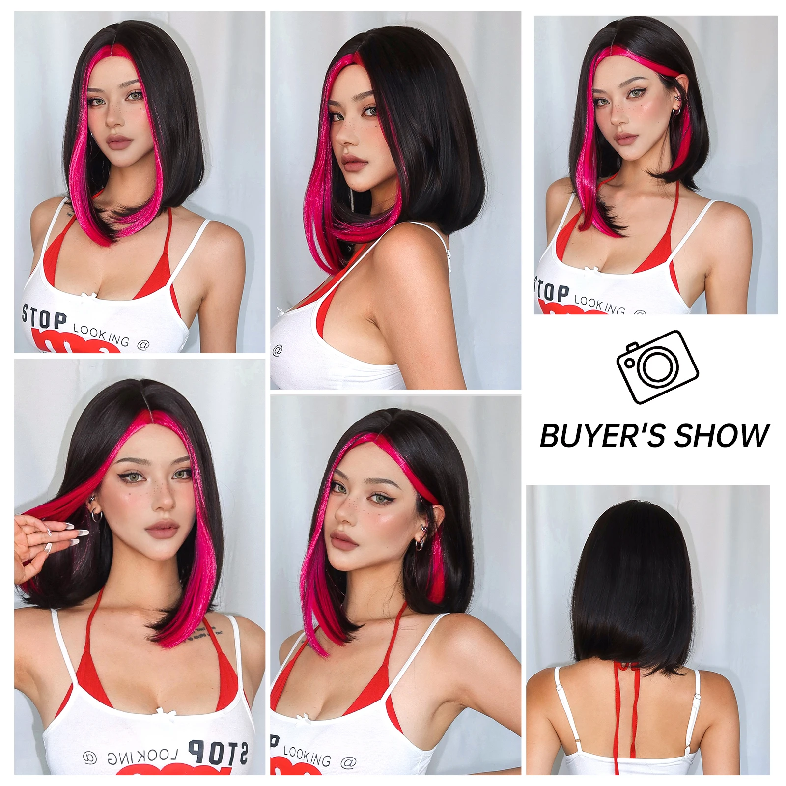 Bob Black Red Pink Highlight Synthetic Wigs with Bangs Short Straight Natural Hair Wig for Women Cosplay Lolita Heat Resistant