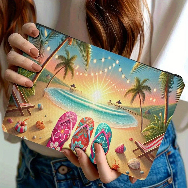 1pc Turquoise & Coral Beach Sunrise Cosmetic Bag - Double-Sided Tropical Palm Tree & Flip-Flop Print