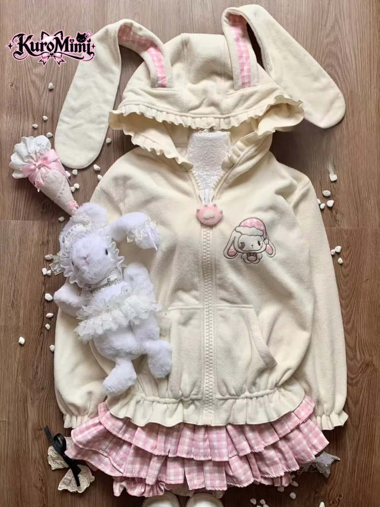 Sweet Kawaii Harajuku Zip Up Hoodie Women Rabbit Ear Pink Gingham Lace Trim Cartoon Bunny Ruffle Hem Oversized Casual Outfit New