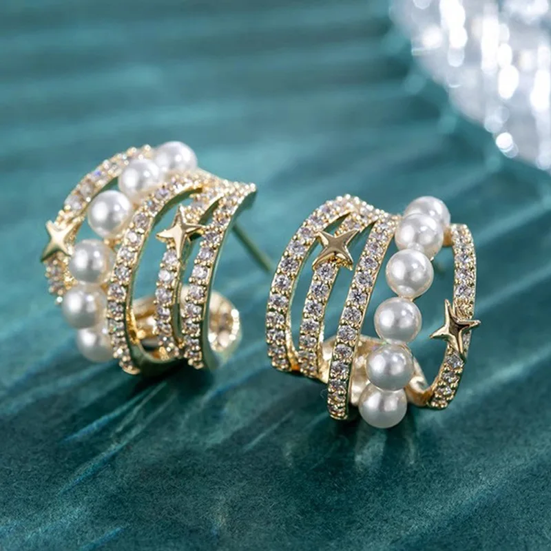 New Fashion 925 Sterling Silver Multi-layer Zircon Single Row Pearl Earrings for Women Promise Love Wedding Jewelry Accessories