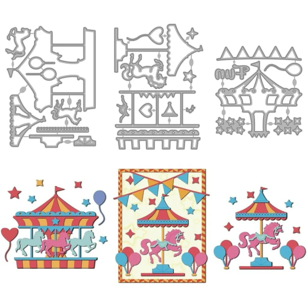 Karussell Metall Stanzformen Karneval Ballon Flaggen Gestanzte Schablonen Pferd Sterne Kohlenstoffstahl Stanzformen für Scrapbooking Party