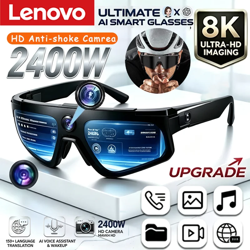 Lenovo 2400w ChatGPT Camera Photo AI Smart Glasses 1080P Video Anti-shake Cycling Sport Sunglasses DualMic 32GB Windproof Goggle