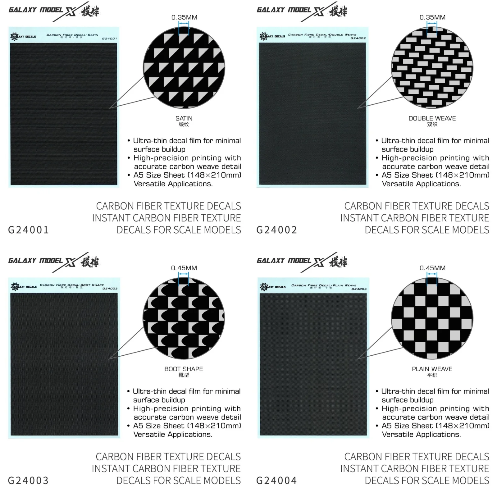 GALAXY MODEL CARBON FIBER TEXTURE DECAL（SATIN/DOUBLE WEAVE/BOOT SHAPE/PLAIN WEAVE ）WATER STICKER FOR SCALE MODELS 1/12