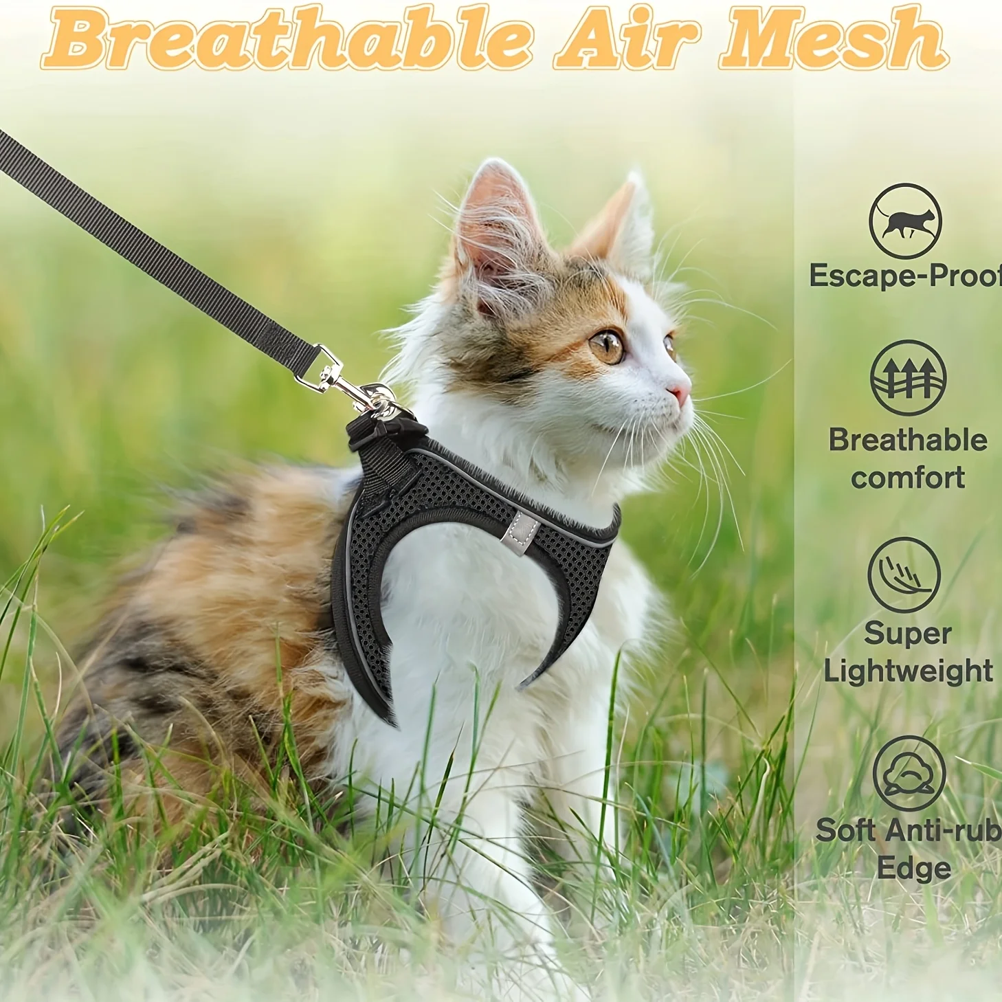 Reflective Cat Harness and Leash Set, Soft Mesh Vest, Polyester Fiber, Hand Wash Only, Escape-Proof Design, Safe for Outdoor Walks, Suitable for Kittens, S/M Sizes Available