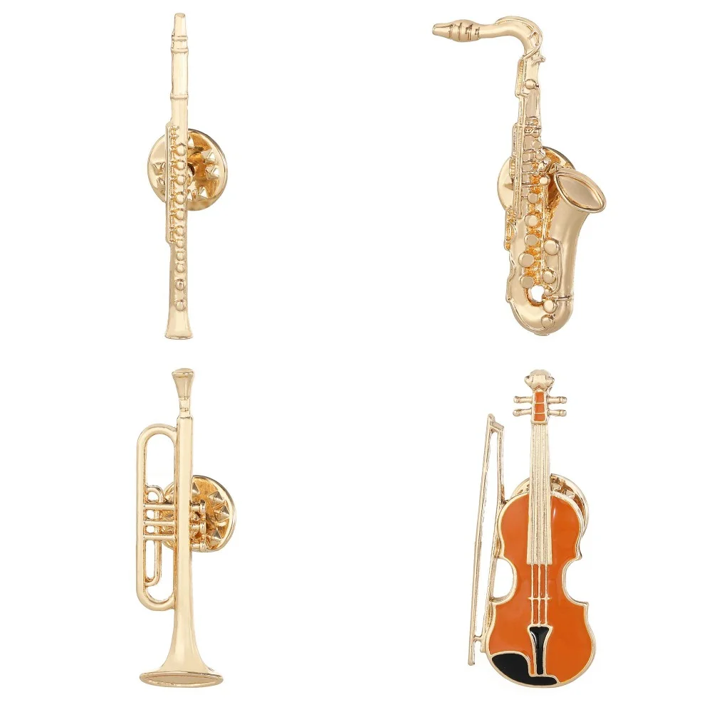 Lustige Musikinstrumente Emaille-Broschen Trompete Klarinette Saxophon Geige Geformte Goldene Anstecknadeln Symphonieorchester-Abzeichen