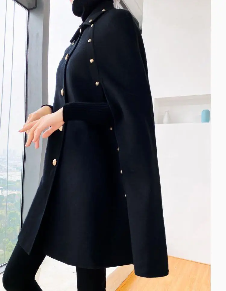 High Quality Black Cape Woolen Shawl Coat Korean Women Autumn Winter Mid-Length Loose Vintage Golden Button Cloak Wool Coat