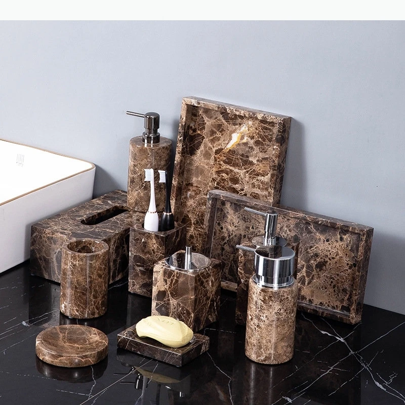 

Natural Marble Bathroom Accessories Lotion Bottle Jar Mouthwash Soap Dish Tissue Box Tray Home Bathroom Supplies