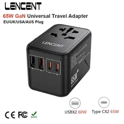 Uniwersalny adapter podróżny GaN LENCENT 65 W z 2 portami USB + 2 szybkie ładowanie typu C z wtyczką EU/UK/USA/AUS do podróży