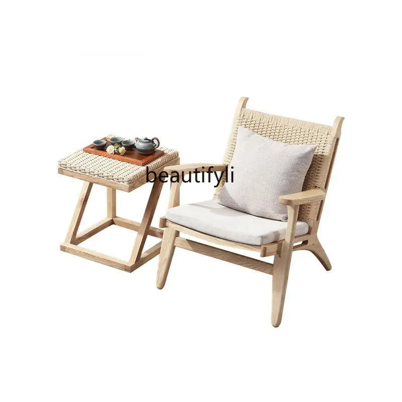 Nordic Modern Minimalist Rattan Chair B & B Balcony Beach Solid Wood Hemp Rope Single Sofa Leisure Rattan Deck Chair