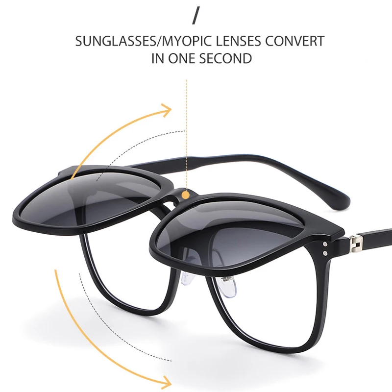 VCKA 6 In 1 Men Women Polarized Myopia Sunglasses Big Frame Optical Square Magnet Clip Custom prescription Glasses  -1.0~-6.0