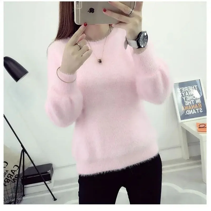 

2024 Autumn Winter Spinning Mink Fleece Knitted Sweater Women's Thick Coat Loose Fashionable Inner Bottom Shirt Warmth Pullovers