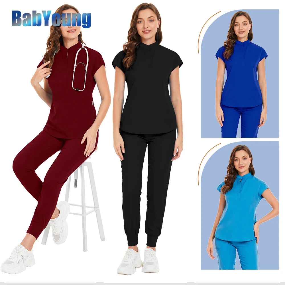 Women's Uniform V-neck Dentist Tops + Jogger Pants Spa Uniforms Pocket Care Workers T-Shirt Set Health Nurse Working Scrub Suits