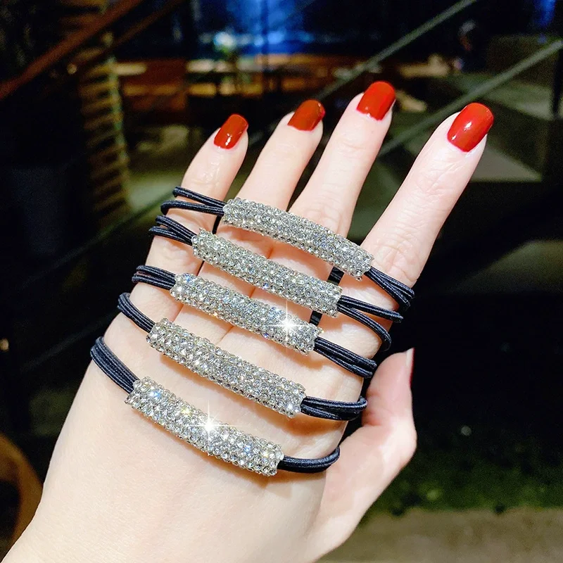 10PCS Rhinestones Braid Ponytail Straps European American Style Shiny High Elasticity All-Match Small Leather Bands