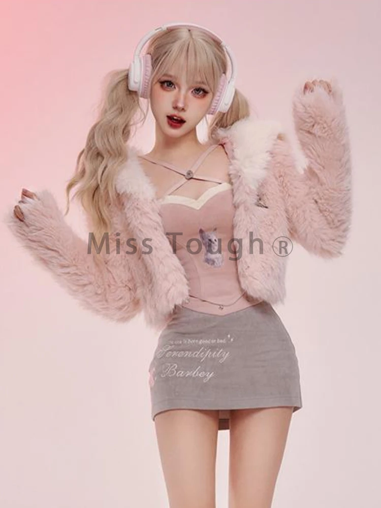 Winter Japanese Kawaii 3 Piece Set Women Sweet Party Cat Print Skirt Suit Female Fashion Fur Jacket+Cute Vest+mini Skirt 2023
