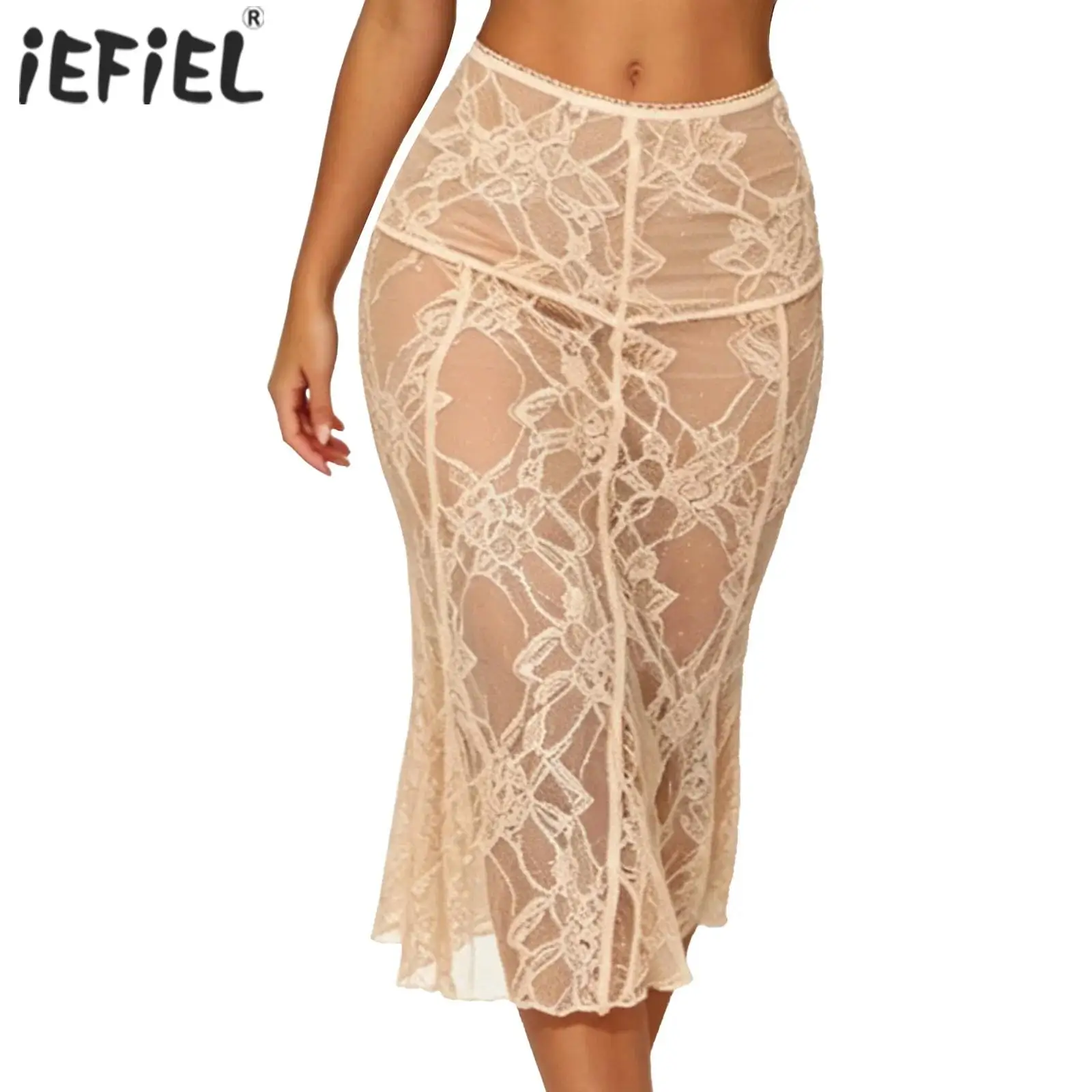 Women See Through Floral Lace High Waist Elastic Waistband Midi Skirt Lace Mermaid Skirt Cover-up Skirt for Party Vacation Beach