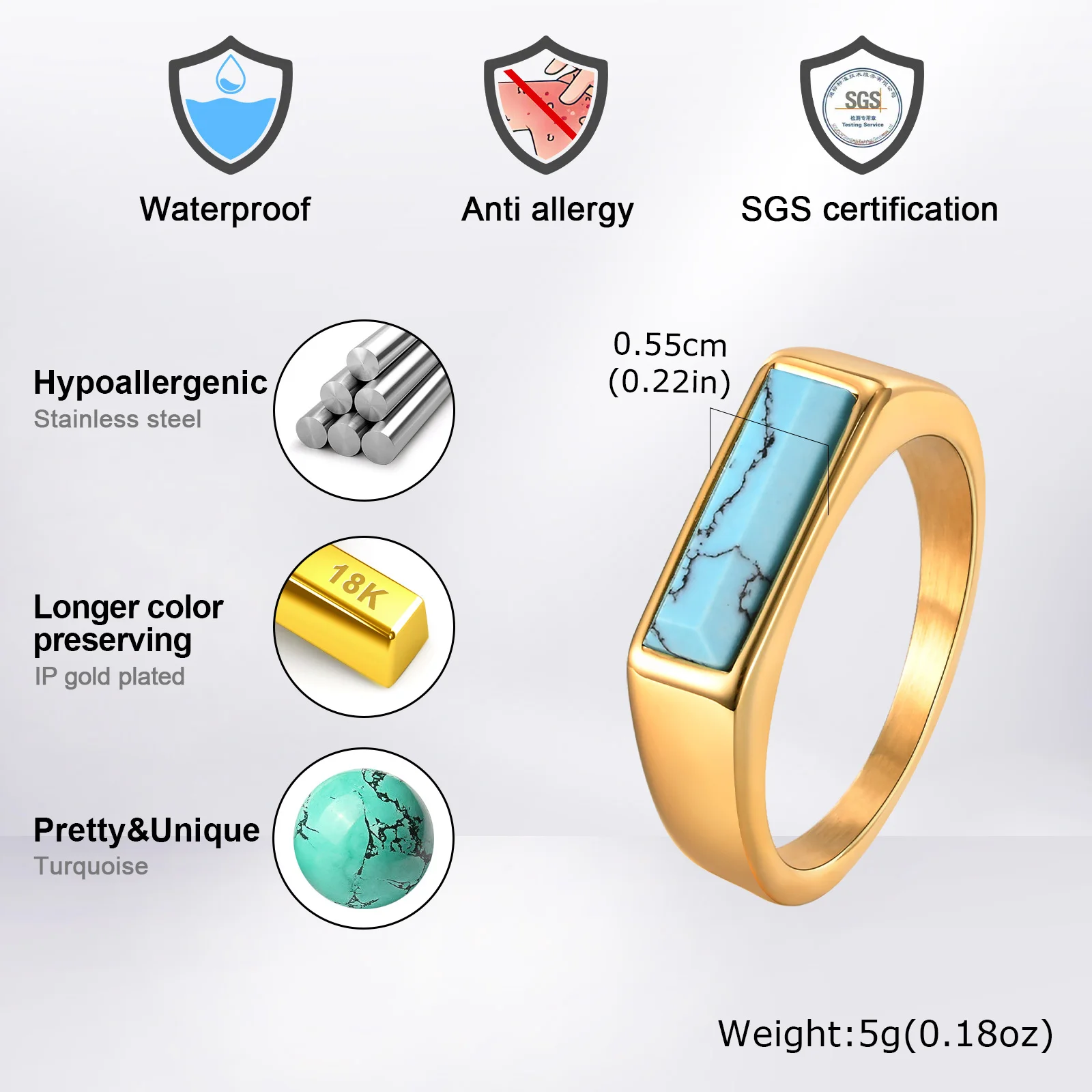 Natural Stone Signet Stainless Steel Ring For Men Women, Unisex Gold Plated Jewelry Dad Boyfriend Valentine\'s Day Gift