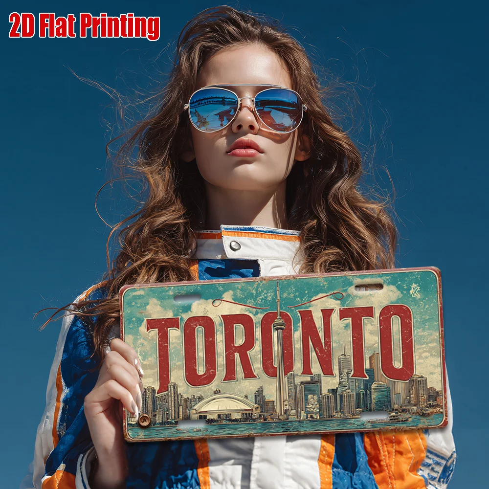 2D Flat - [Open ]2D Flat Vintage Toronto Metal License Plate Wall Decor | Distressed Red And White Color Scheme, 11.8X5.9 Inches