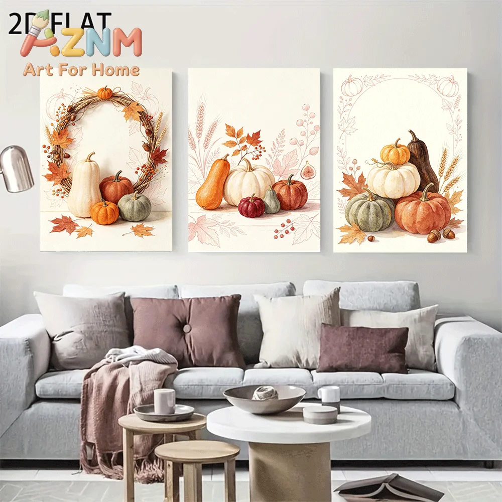 AZNM Frameless Canvas Wall Art, Watercolor Autumn Pumpkin Print, Maple Leaf Wheat Harvest Wreath Art Poster for Thanksgiving Liv