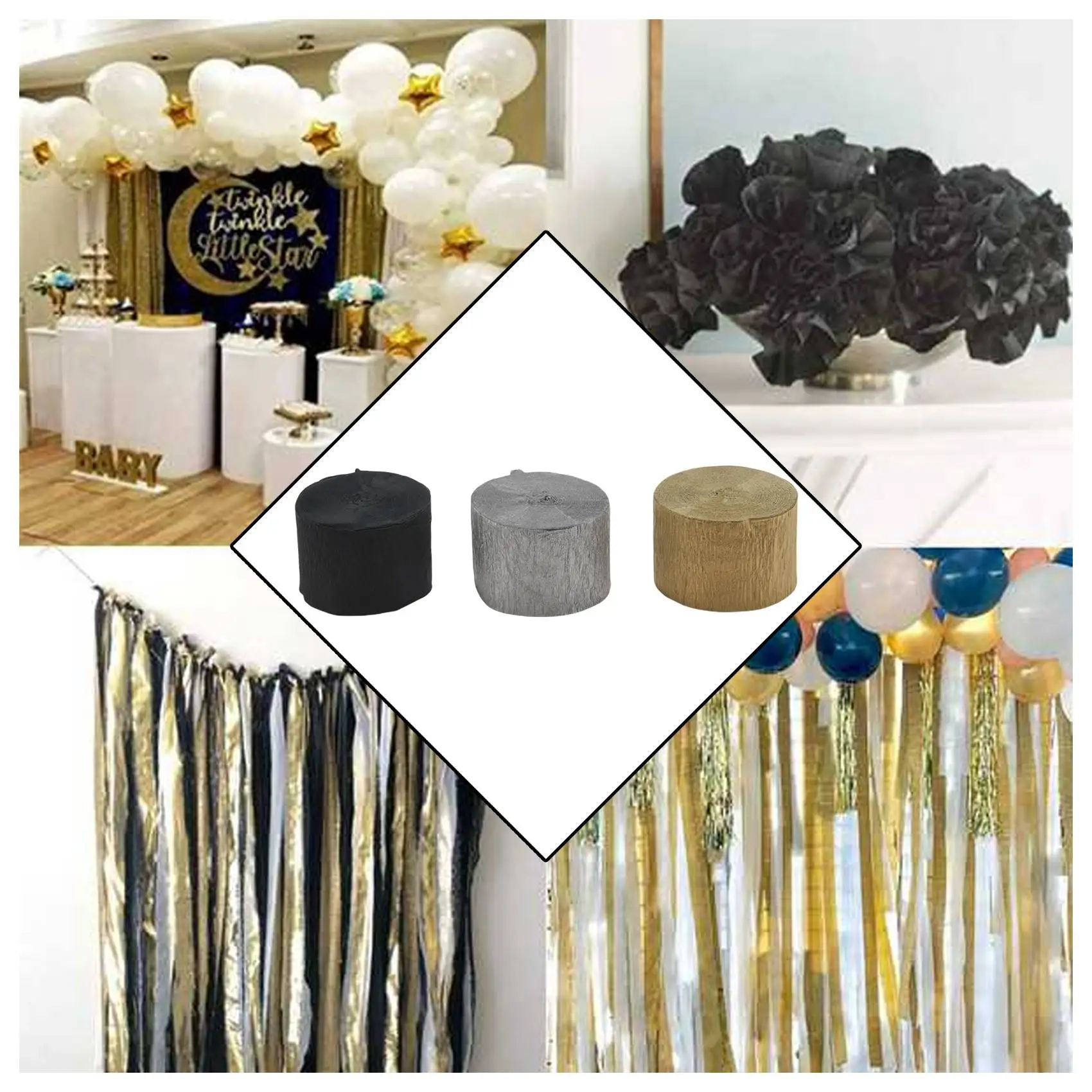 B18B Crepe Paper Streamers12 Pcs Gold Streamers, Silver And Black Streamers Party Decorations For Birthday Party Wedding