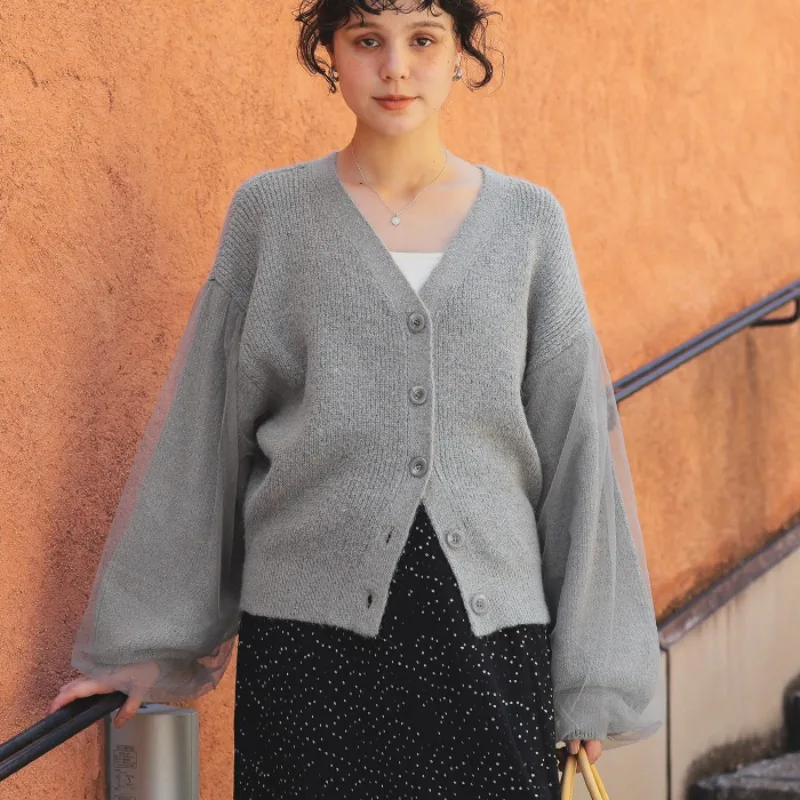 

2025 Autumn Mesh Splicing Knitted Cardigan Jacket Women's Korean Chic V-neck Solid Color Long Sleeve Casual Loose Sweater Coat