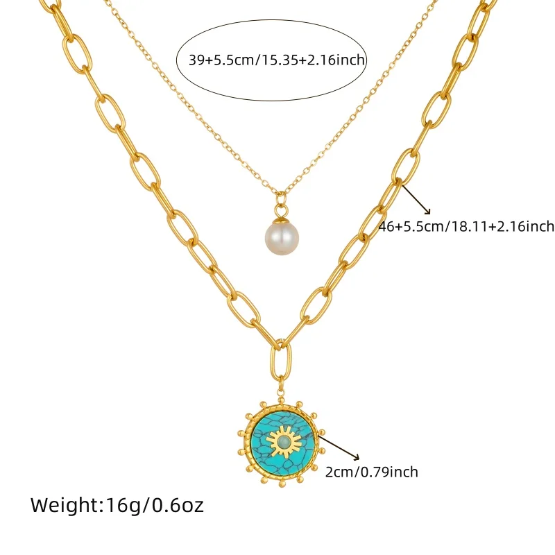 LAMENGLY High Quality 316l Stainless Steel Dual Chain Design Turquoise Geometric Clock Sun Pendant Necklace Women Jewelry Gift