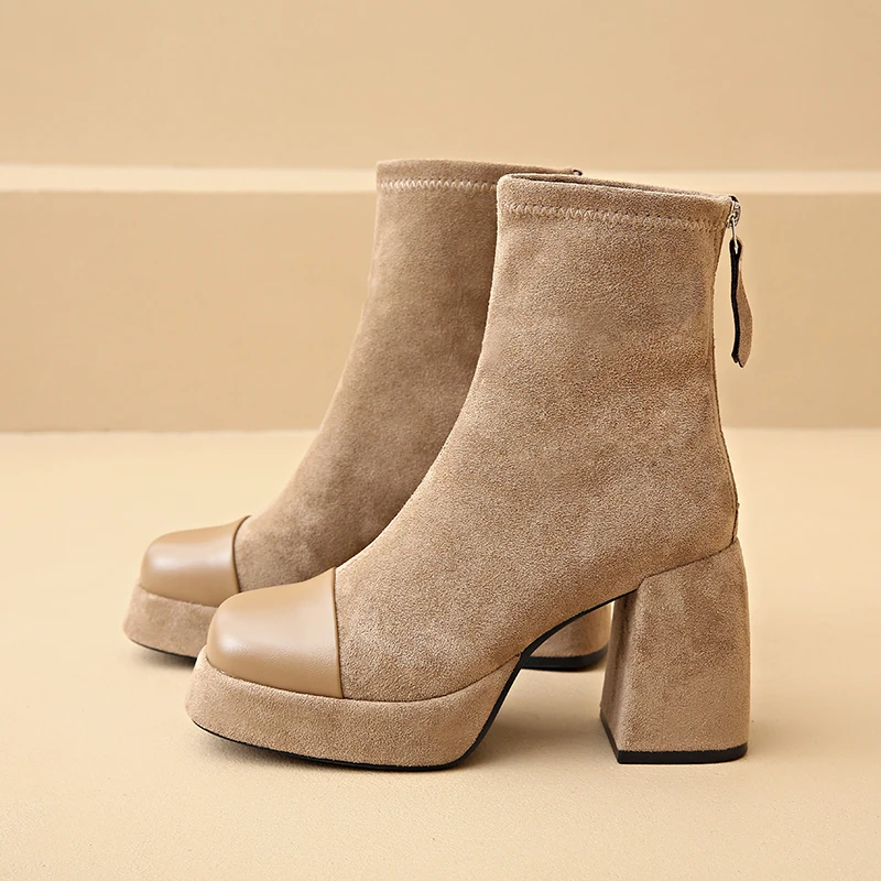 Winter New Style Square Toe Fashionable Back Zipper Thick Heel Women's Boots Suede Elegant Warm Non-slip Women's High Heels image 4