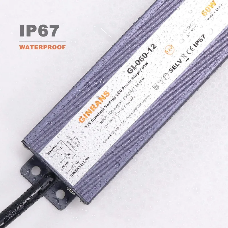 60W IP67 Waterproof Constant Voltage LED Driver Power Supply Transformer, 100-240V AC Universal Input with Plug, Output 12V DC 5