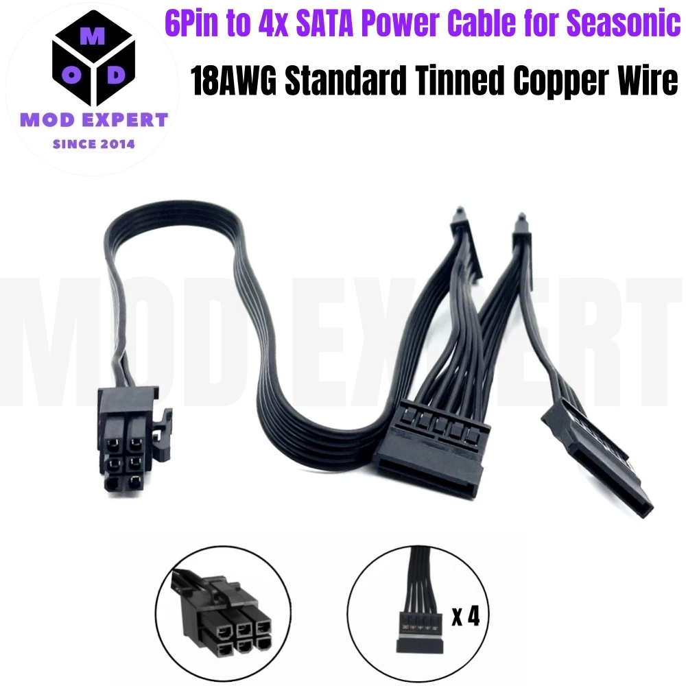 For Seasonic Prime, 6P to 4x SATA SSD HDD Power Cable for Titanium/Platinum/Gold/SnowSilent 1300W, 1000W, 850W, 750W, 650W, 550W