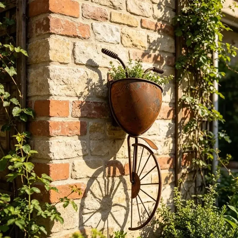 Wall Hanging Bike Flower Pot, Metal Holder for Small Flowers, Brown Finish, Fence Panels or Brick Wall Display for Outdoor Y5GB