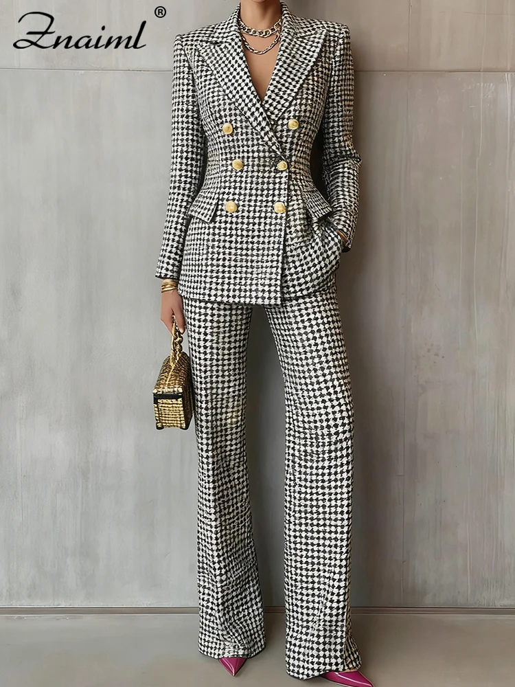 Znaiml Chic منقوشة مطبوعة ضئيلة المرأة السترة البدلة التلبيب سترة بأكمام طويلة وسراويل مستقيمة عالية الخصر 2 قطعة مجموعة مكتب #4
