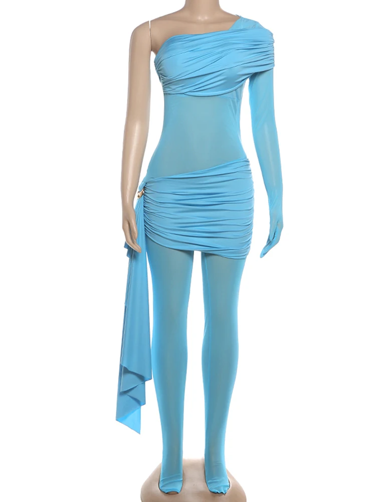 بدلة قفز معدنية من Nibber بدلة نسائية شبكية مرقعة وياقة منحرفة غير منتظمة بكتف واحد تصميم بشريط للنوادي الليلية وزرة للحفلات