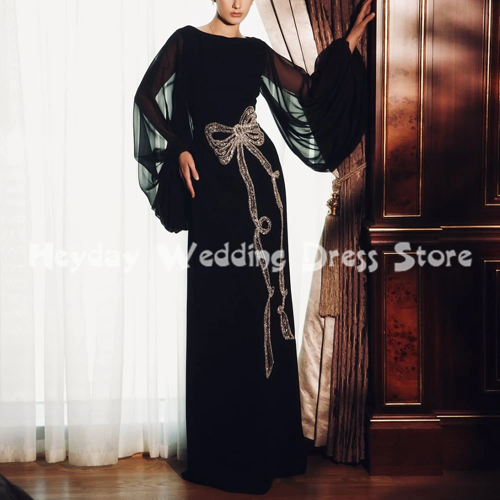 

Heyday Women's O-neck Straight Bow Beaded Evening Dresses With Long Sleeves Floor-Length Formal Elegant Party Dresses 2025