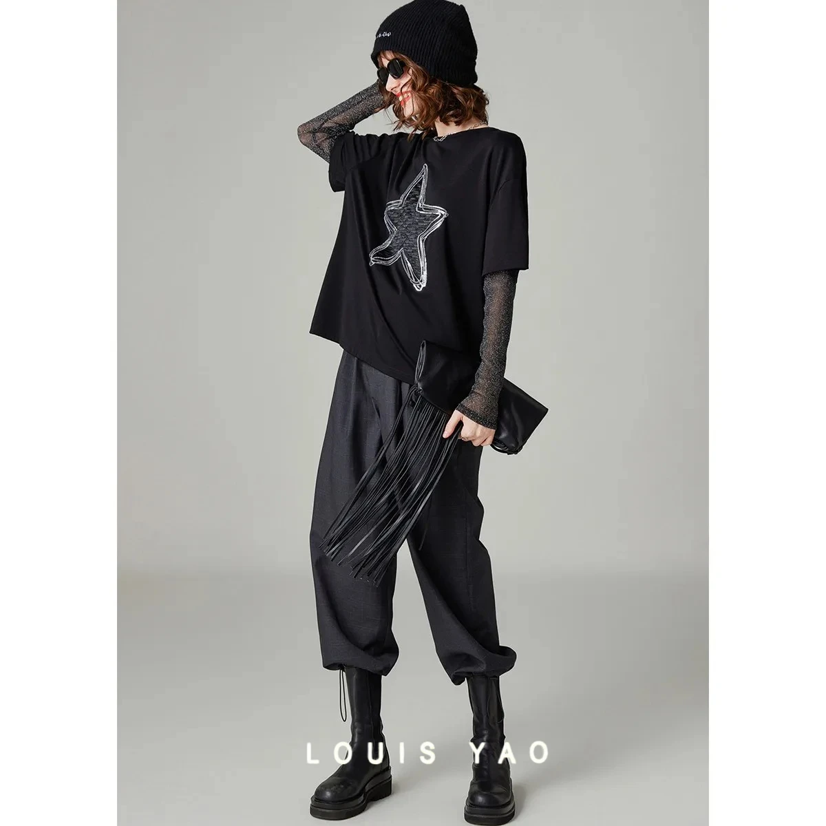 LOUIS YAO Embroidered Patchwork Long-Sleeve T-Shirt 2025 Autumn Top Casual Round Neck Sequined Fake Two-Piece Women's T-Shirt