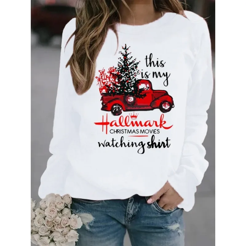 Christmas Tree Car Printed Long Sleeve Collar Loose Round Neck Hoodie Winter Autumn Graphic T Shirts  Women Clothing