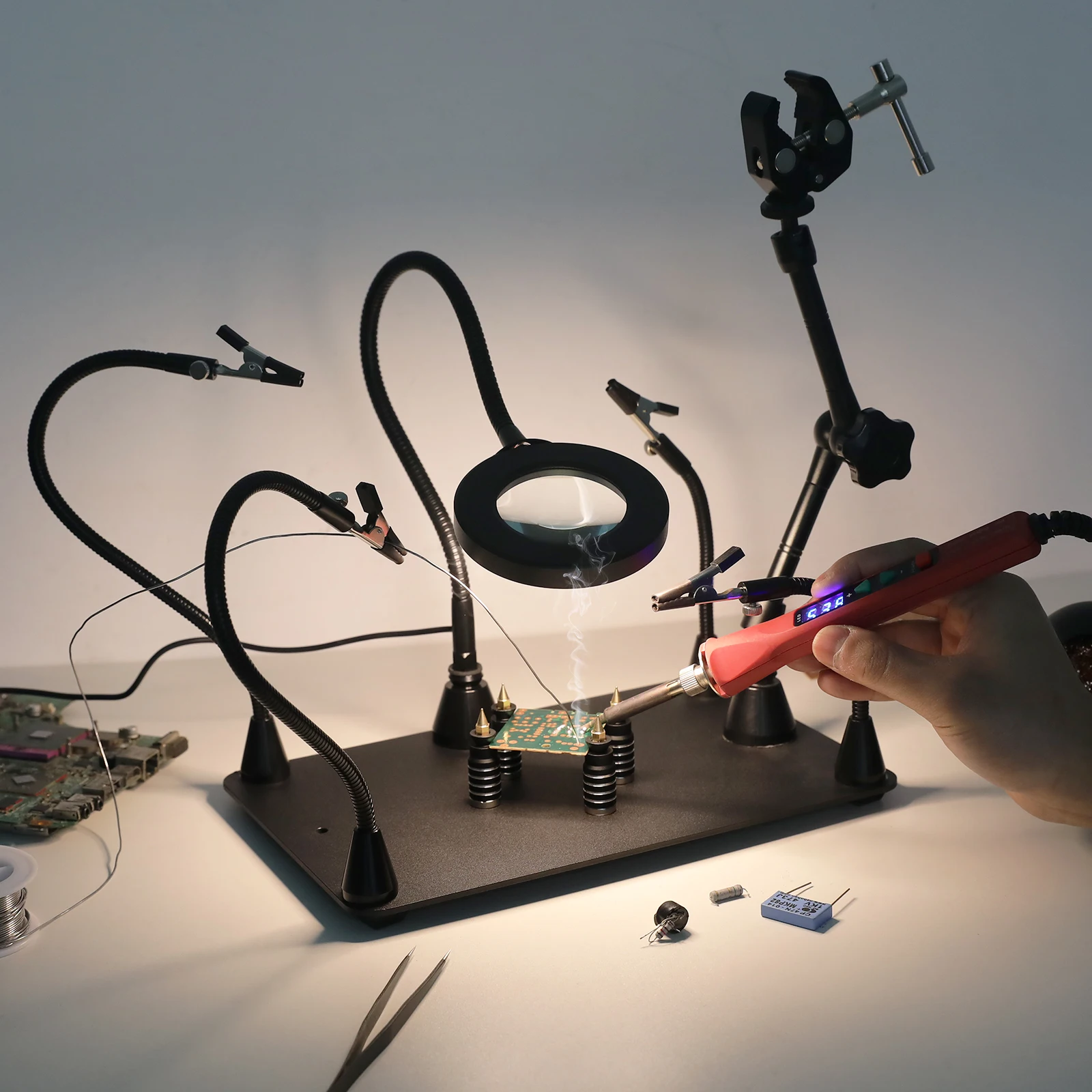 NEWACALOX Magnetic Soldering Third Hand PCB Holder Heat Gun Stand with 3X LED Magnifying Glass Heavy Duty Welding Workstation