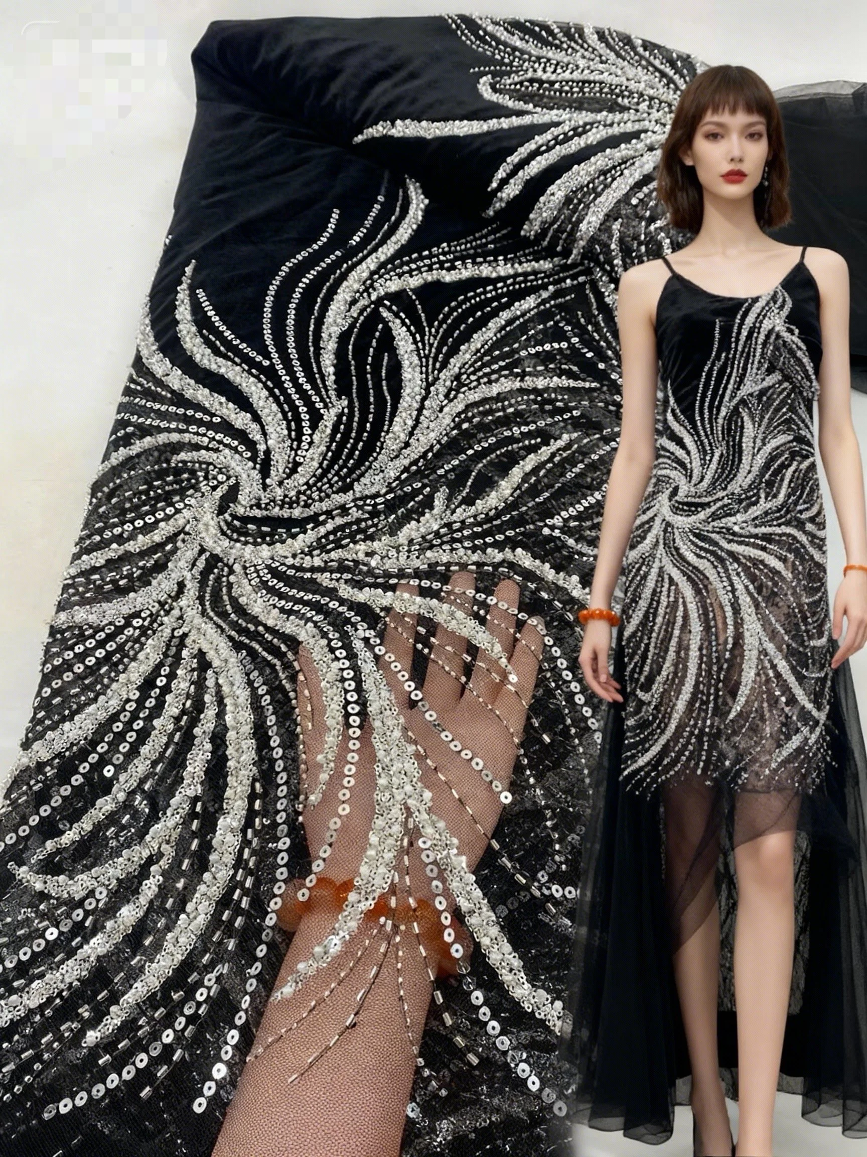 

French Beaded Lace Fabric 2026 High Quality Lace African Mesh Lace Fabric with Sequins Embroidery Beads Lace Fabric For Wedding