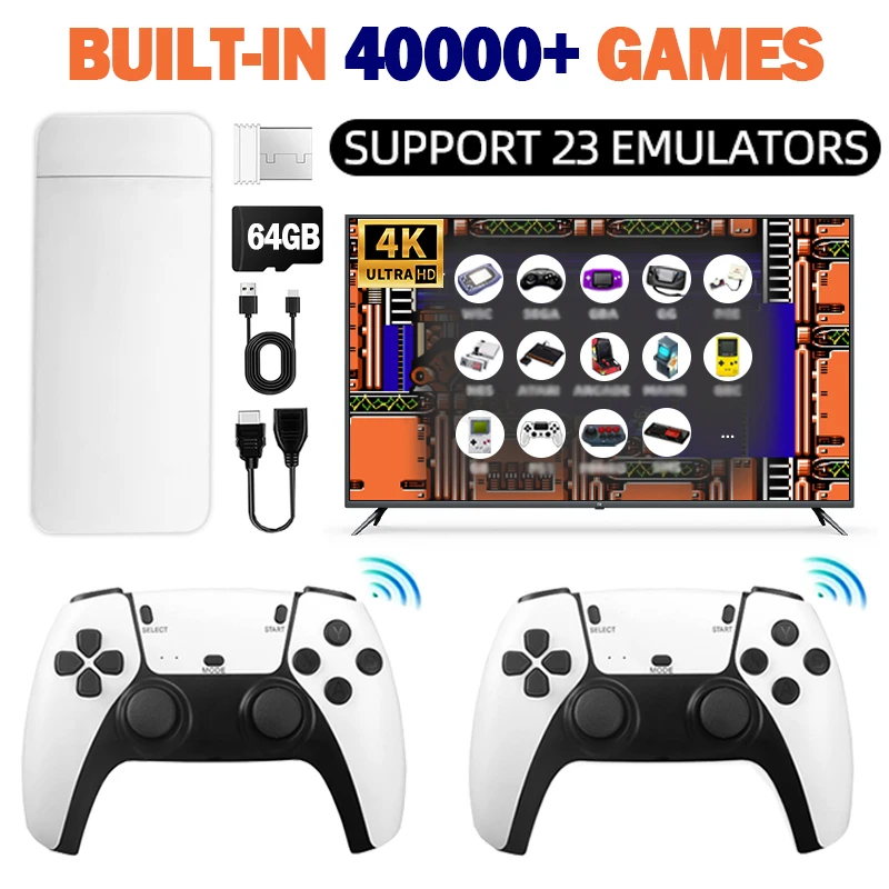 4K TV Game Stick Built-in 3/40000+Classic Video Game Console 64G Wireless Handheld Game Player 23+ Emulators for HD TV Gaming