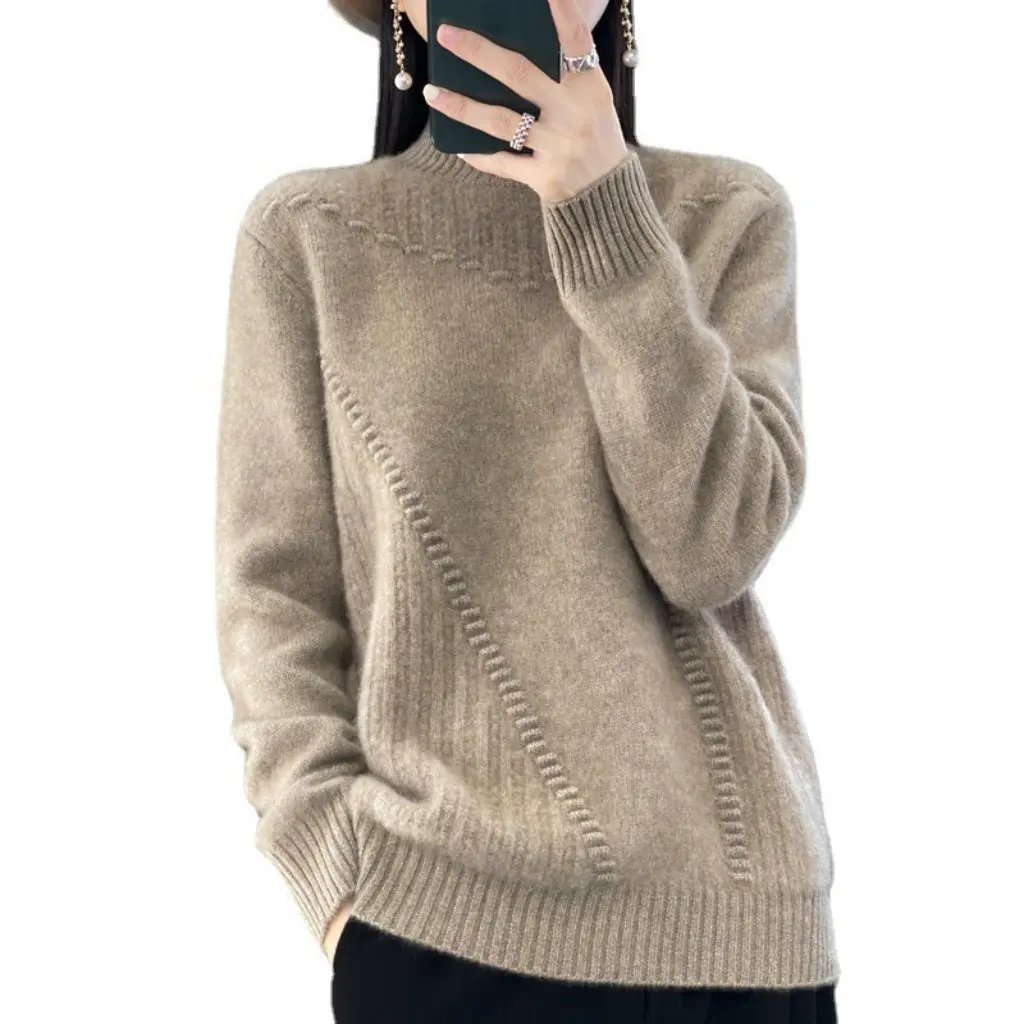 

Женский жаккардовый вязаный свитер 24, новый свободный пуловер с высоким воротником и утолщенной основой на осень и зиму