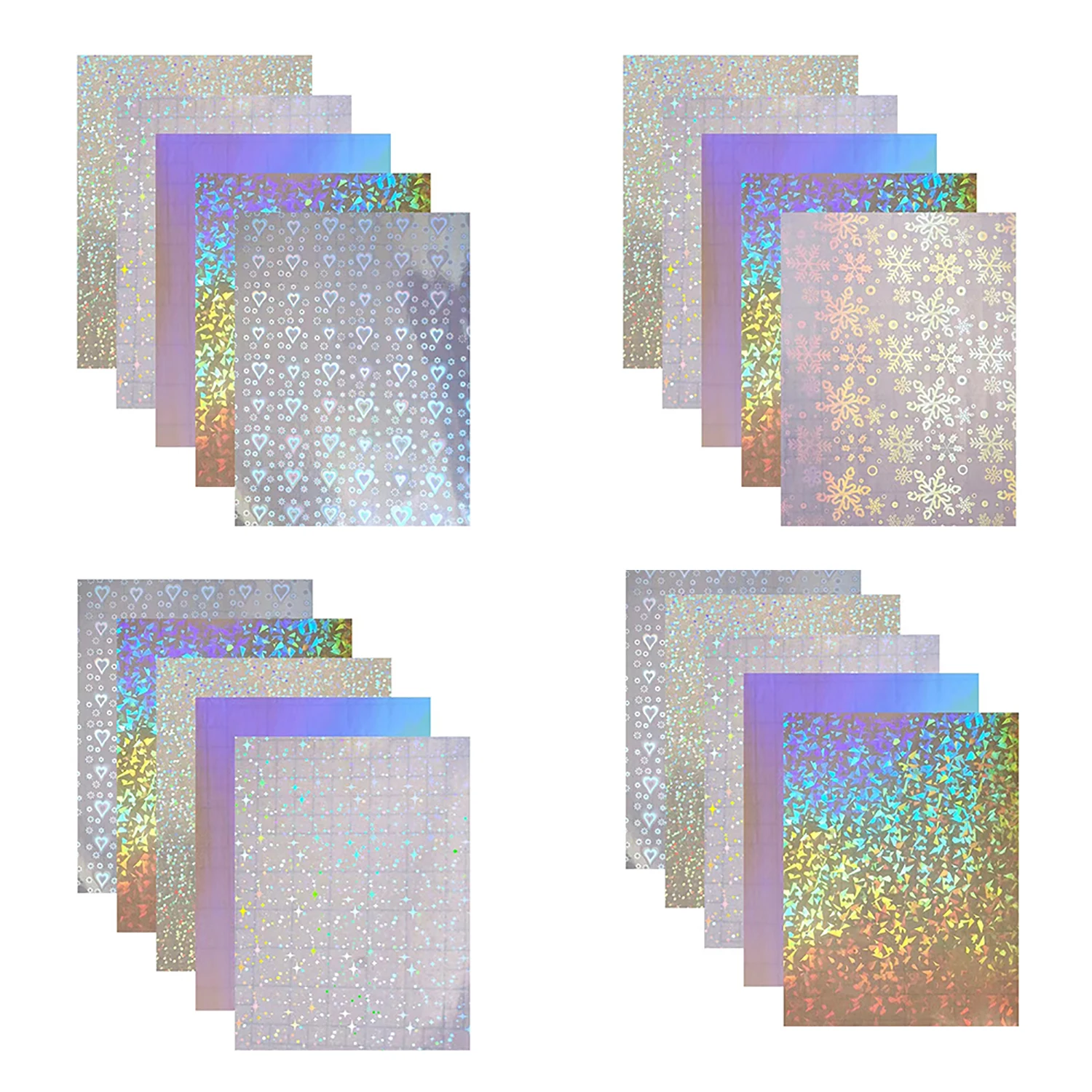 10pcs A4 Holographic Cold Lamination Film Sheets Self Adhesive Holo Sticker Sheet Heart Stars Broken Glass Gem Snowflake Glitter