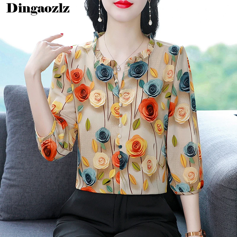 Elegant Fashion Printed Shirt For Women New Silk Chiffon Blouse 2024 Autumn 3/4 Sleeve Casual Pullovers Tops