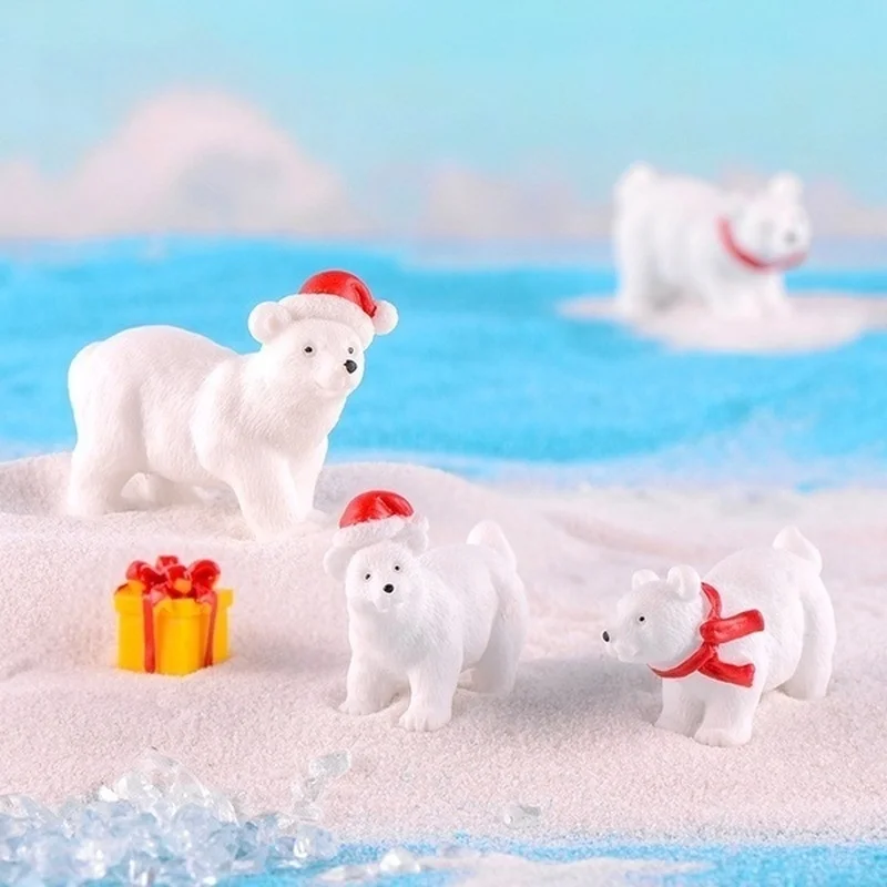 New 3Pcs Christmas Polar Bear Mini Figurines Animal Model For Micro Snow‑Scene Garden Landscape DIY Home Ornament Accessory