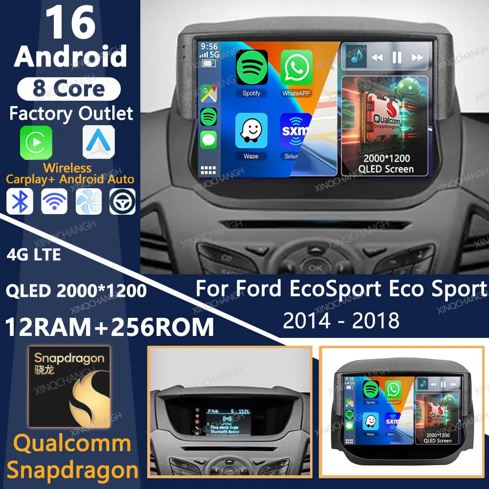 Radio para Auto Android 16 para Ford EcoSport Eco Sport 2014 2015 2016 2017 2018 Carplay Auto QLED Reproductor Multimedia Estéreo de Video 2DIN
