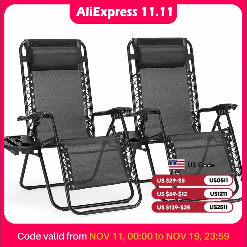 JHK Zero Gravity Set of 2 Portable Recliner Camping Patio Outdoor Garden Lounge Chair with Cup Holder Trays Adjustable Pillow